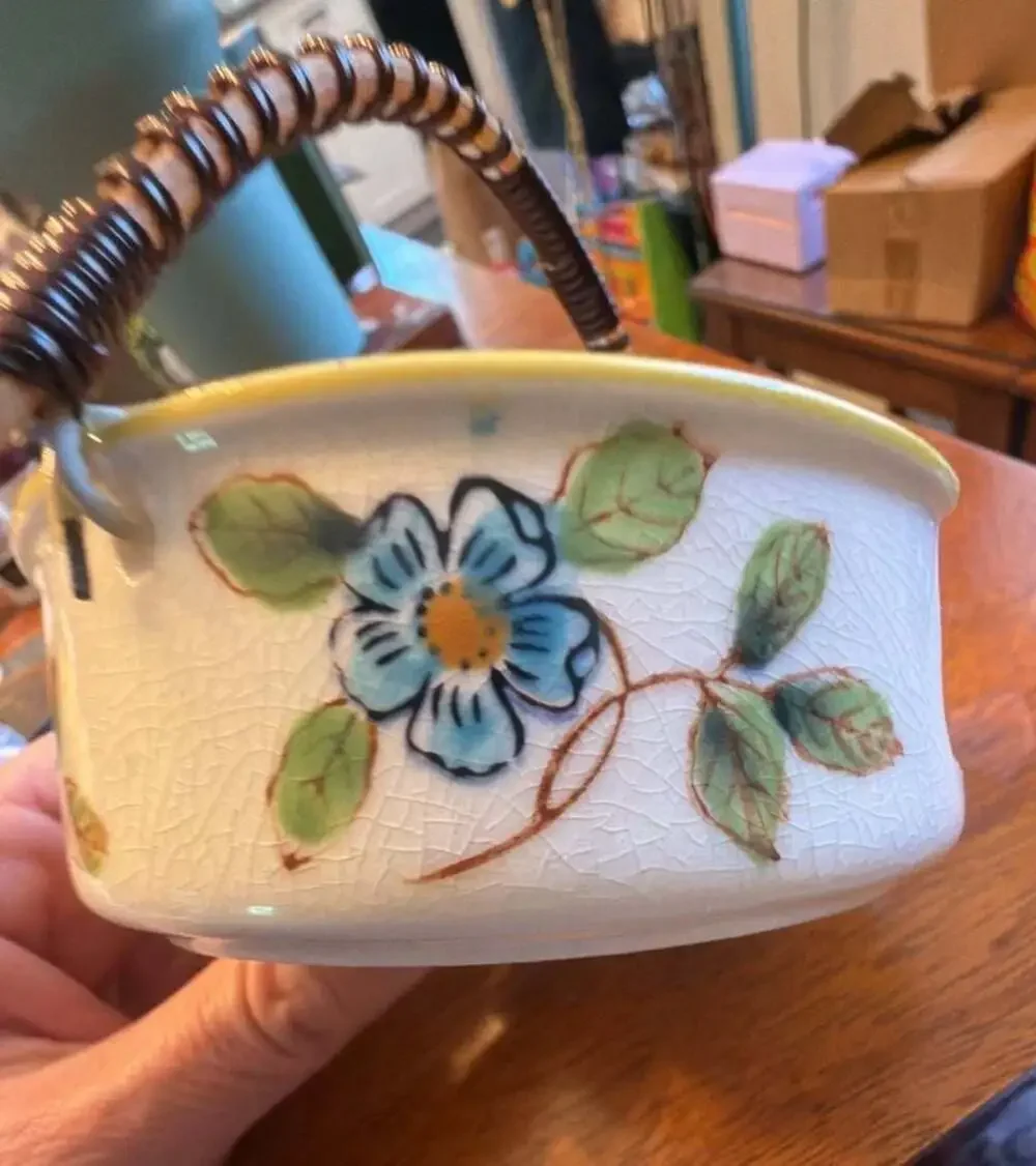 Vintage Hand Painted Ceramic Basket with Removable Tray and Rattan Handle
